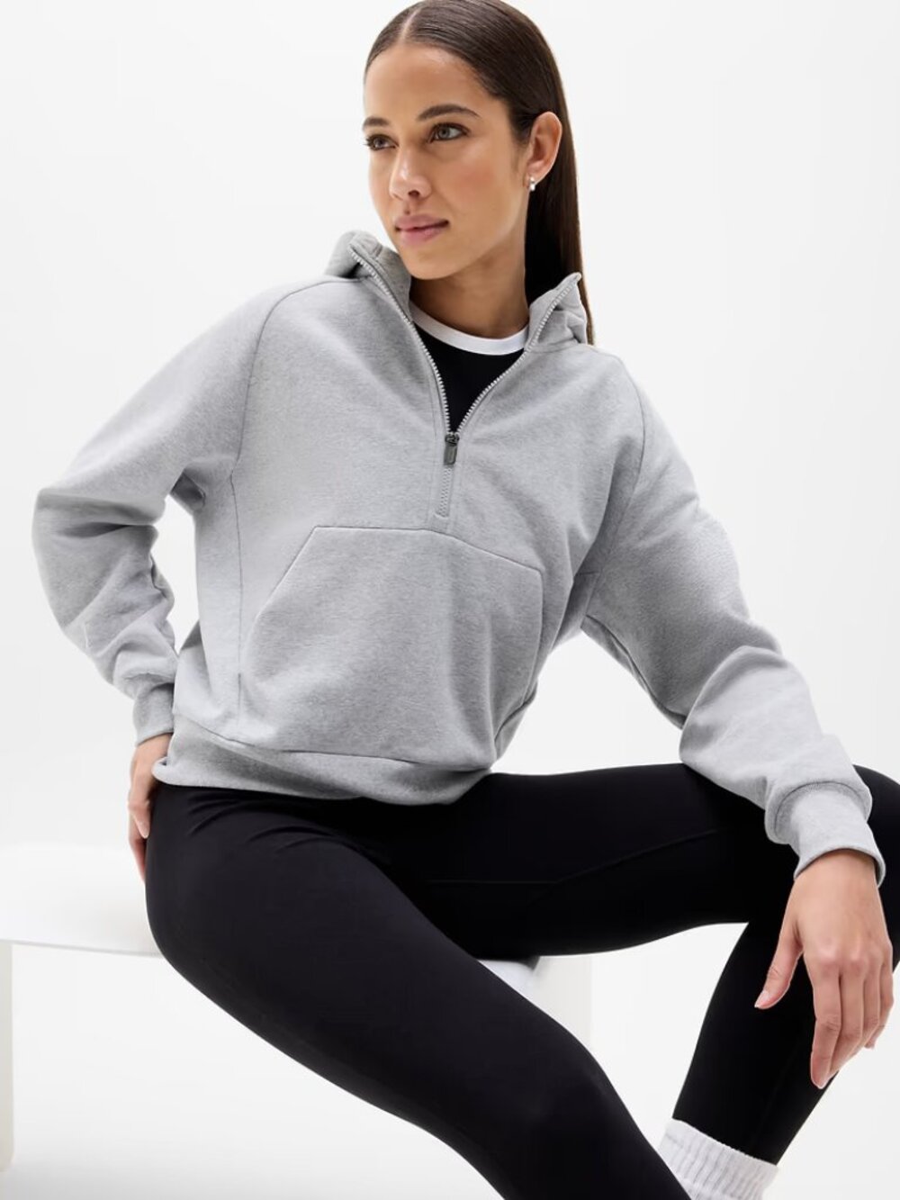 New Athleta L Forever Fleece 1/2 Zip Hoodie Heather Grey Large Regular